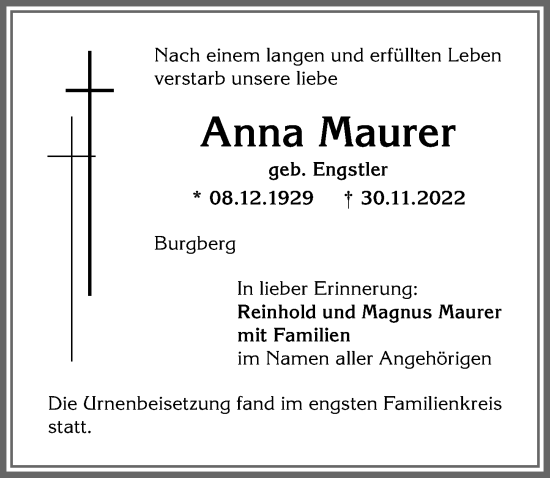 Traueranzeige von Anna Maurer von Allgäuer Anzeigeblatt