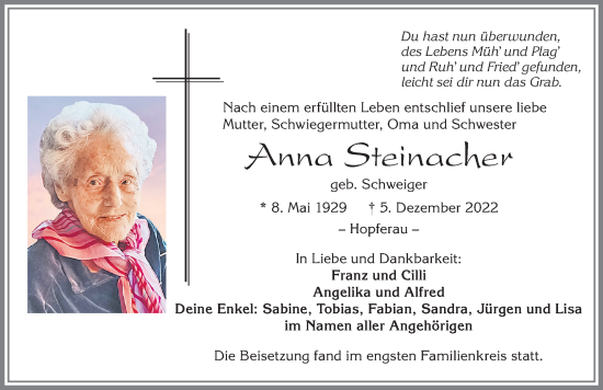 Traueranzeige von Anna Steinacher von Allgäuer Zeitung, Füssen