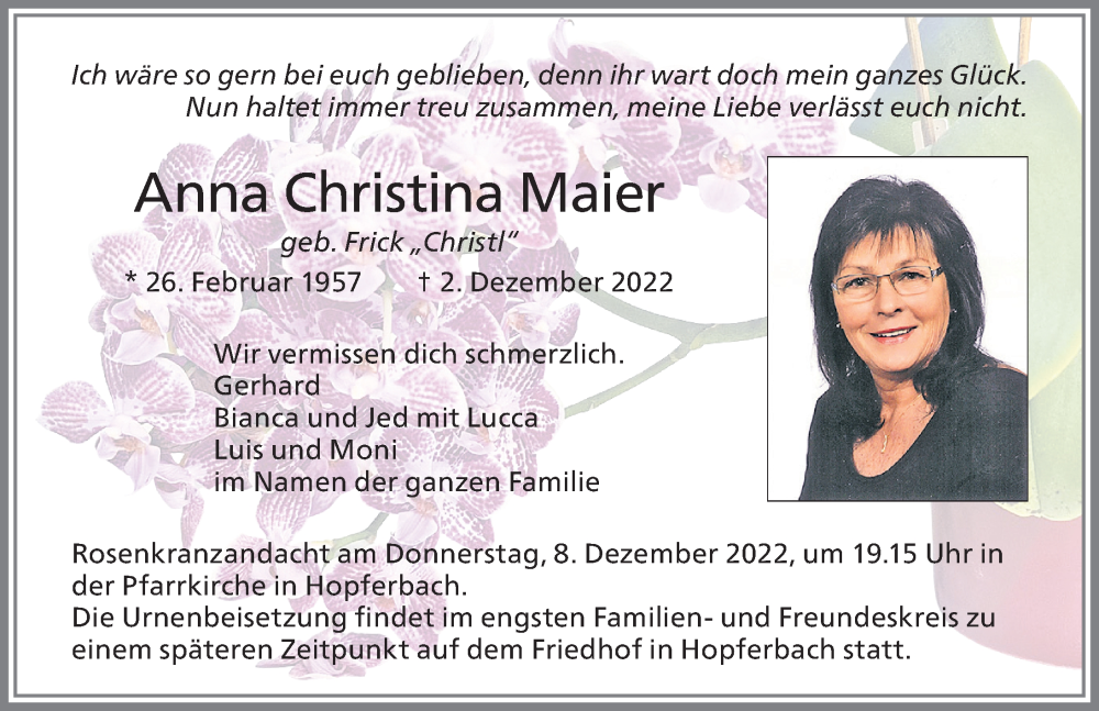  Traueranzeige für Anna Christina Maier vom 07.12.2022 aus Allgäuer Zeitung, Marktoberdorf