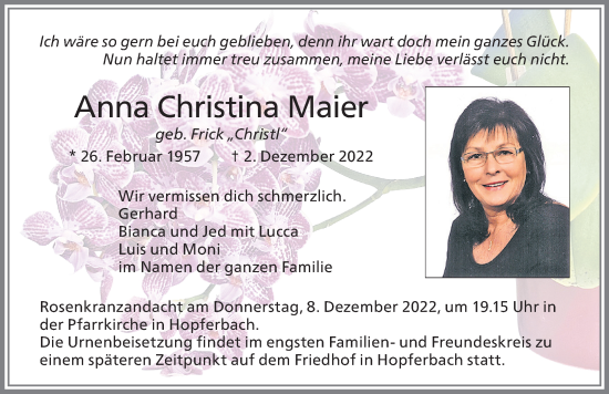 Traueranzeige von Anna Christina Maier von Allgäuer Zeitung, Marktoberdorf