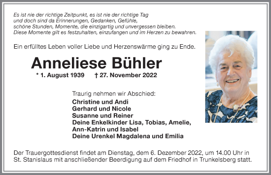 Traueranzeige von Anneliese Bühler von Memminger Zeitung