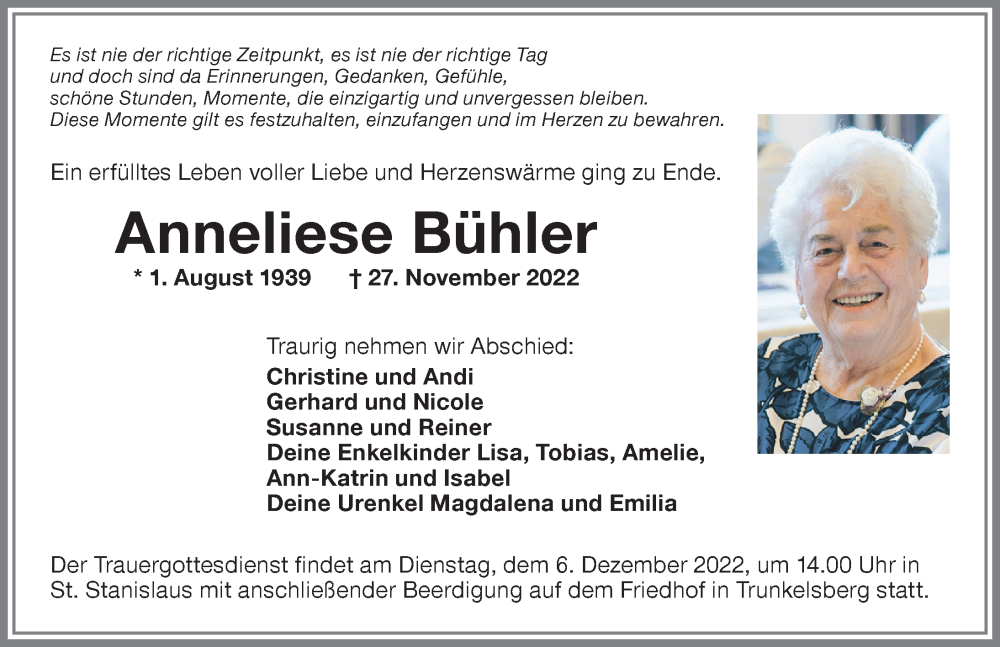  Traueranzeige für Anneliese Bühler vom 02.12.2022 aus Memminger Zeitung