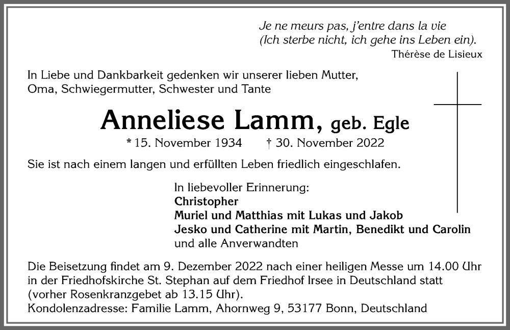  Traueranzeige für Anneliese Lamm vom 05.12.2022 aus Allgäuer Zeitung, Kaufbeuren/Buchloe