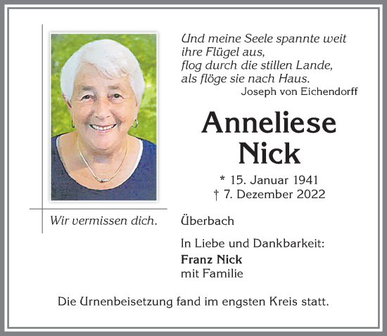 Traueranzeige von Anneliese Nick von Allgäuer Zeitung,Kempten