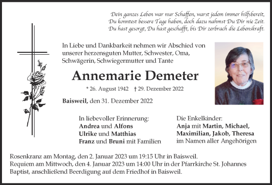 Traueranzeige von Annemarie Demeter von Allgäuer Zeitung, Kaufbeuren/Buchloe