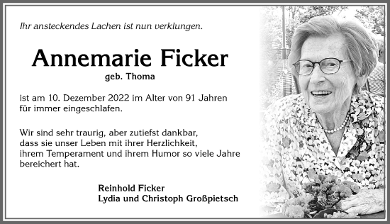 Traueranzeige von Annemarie Ficker von Allgäuer Zeitung, Kaufbeuren/Buchloe
