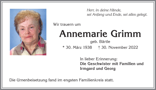Traueranzeige von Annemarie Grimm von Memminger Zeitung