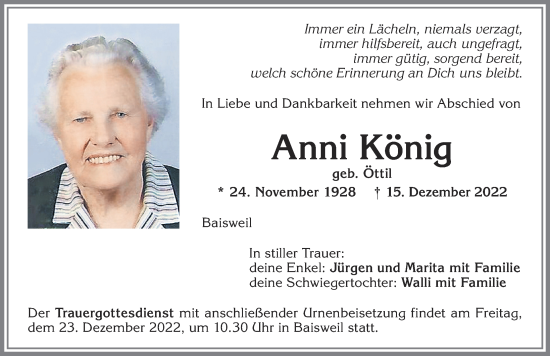 Traueranzeige von Anni König von Allgäuer Zeitung, Kaufbeuren/Buchloe