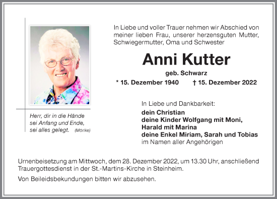 Traueranzeige von Anni Kutter von Memminger Zeitung