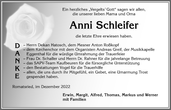 Traueranzeige von Anni Schleifer von Allgäuer Zeitung, Marktoberdorf
