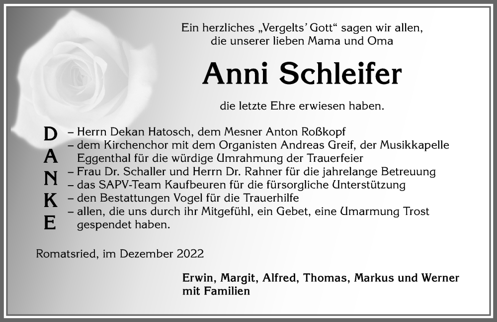  Traueranzeige für Anni Schleifer vom 24.12.2022 aus Allgäuer Zeitung, Marktoberdorf