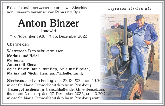 Traueranzeige von Anton Binzer von Memminger Zeitung