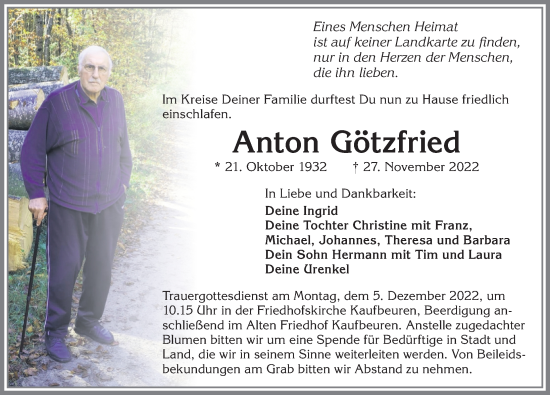 Traueranzeige von Anton Götzfried von Allgäuer Zeitung, Kaufbeuren/Buchloe