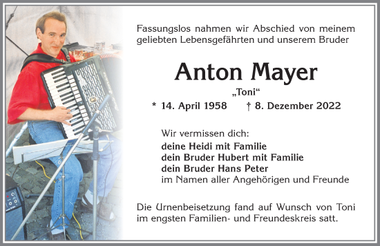 Traueranzeige von Anton Mayer von Allgäuer Zeitung,Kempten