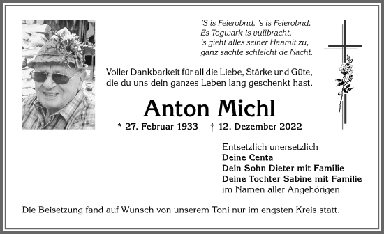 Traueranzeige von Anton Michl von Allgäuer Anzeigeblatt
