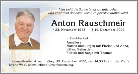 Traueranzeige von Anton Rauschmeir von Allgäuer Zeitung, Kaufbeuren/Buchloe