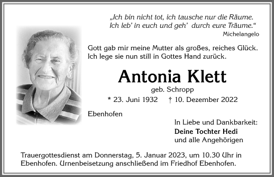 Traueranzeige von Antonia Klett von Allgäuer Zeitung, Marktoberdorf