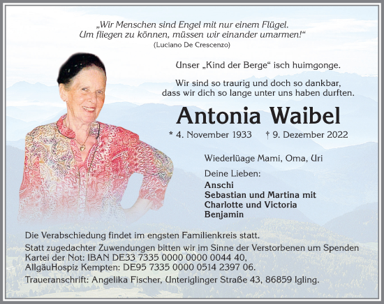 Traueranzeige von Antonia Waibel von Allgäuer Zeitung,Kempten