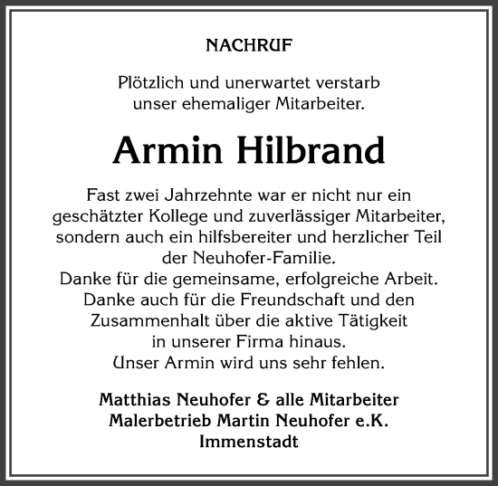 Traueranzeige von Armin Hilbrand von Allgäuer Anzeigeblatt