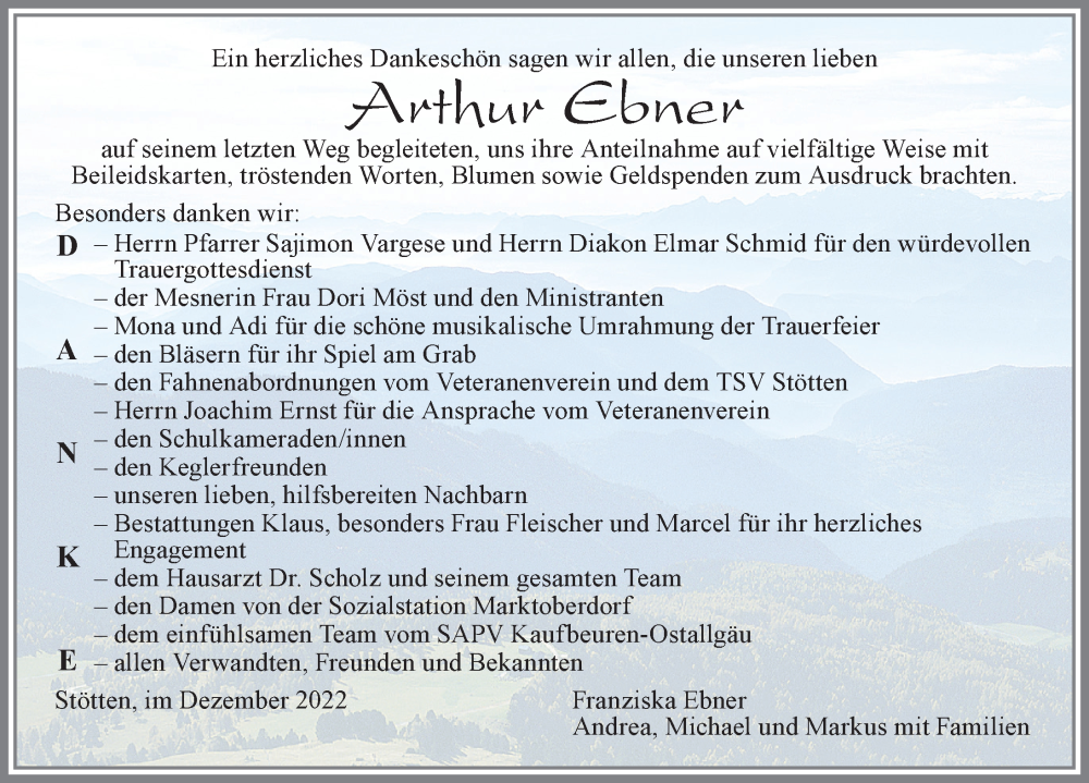  Traueranzeige für Arthur Ebner vom 10.12.2022 aus Allgäuer Zeitung, Marktoberdorf
