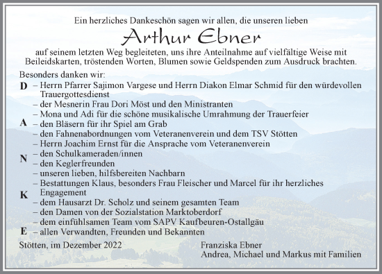 Traueranzeige von Arthur Ebner von Allgäuer Zeitung, Marktoberdorf