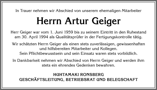 Traueranzeige von Artur Geiger von Allgäuer Zeitung, Marktoberdorf