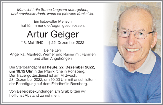 Traueranzeige von Artur Geiger von Allgäuer Zeitung, Marktoberdorf