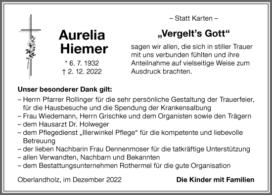 Traueranzeige von Aurelia Hiemer von Memminger Zeitung