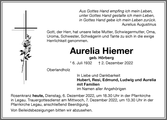 Traueranzeige von Aurelia Hiemer von Memminger Zeitung