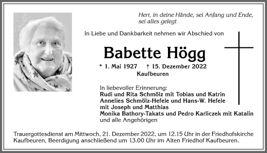 Traueranzeige von Babette Högg von Allgäuer Zeitung, Kaufbeuren/Buchloe