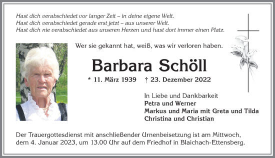 Traueranzeige von Barbara Schöll von Allgäuer Anzeigeblatt
