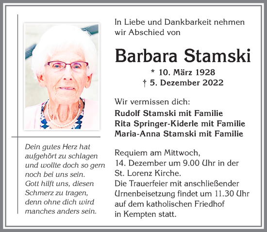 Traueranzeige von Barbara Stamski von Allgäuer Zeitung,Kempten