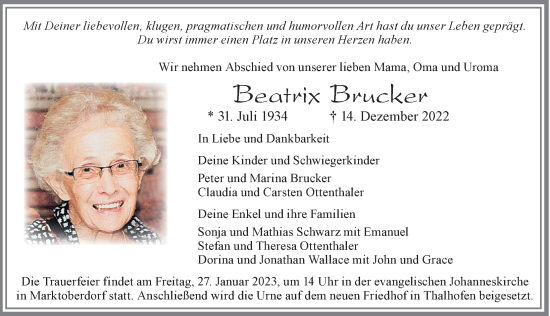 Traueranzeige von Beatrix Brucker von Allgäuer Zeitung, Marktoberdorf