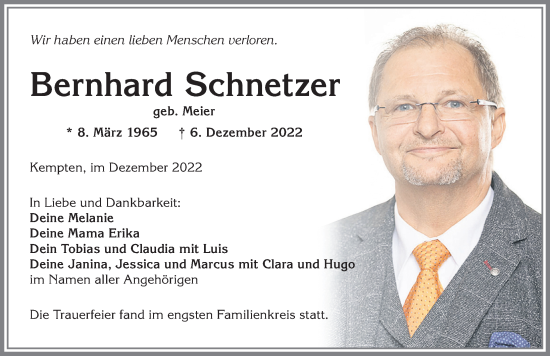 Traueranzeige von Bernhard Schnetzer von Allgäuer Zeitung,Kempten