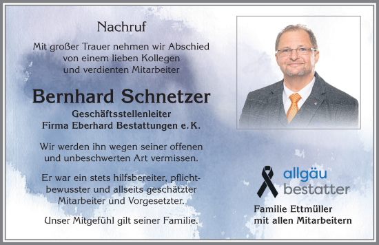 Traueranzeige von Bernhard Schnetzer von Allgäuer Zeitung,Kempten