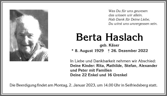 Traueranzeige von Berta Haslach von Allgäuer Anzeigeblatt