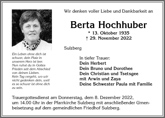 Traueranzeige von Berta Hochhuber von Allgäuer Zeitung,Kempten