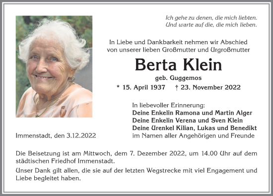 Traueranzeige von Berta Klein von Allgäuer Anzeigeblatt