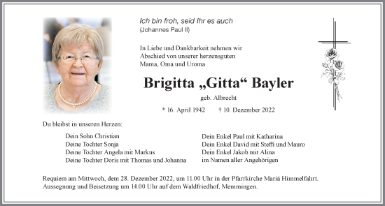 Traueranzeige von Brigitta Bayler von Memminger Zeitung