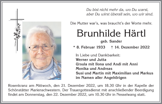 Traueranzeige von Brunhilde Härtl von Allgäuer Zeitung, Füssen