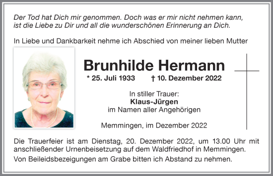 Traueranzeige von Brunhilde Hermann von Memminger Zeitung