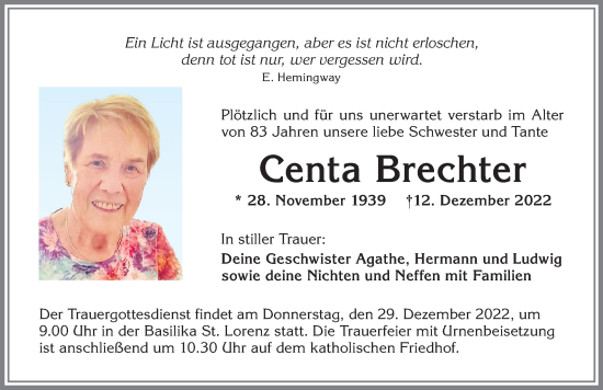 Traueranzeige von Centa Brechter von Allgäuer Zeitung,Kempten