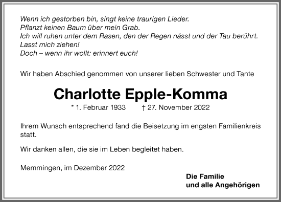 Traueranzeige von Charlotte Epple-Komma von Memminger Zeitung