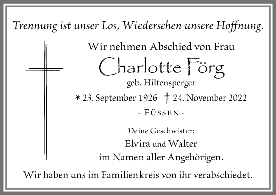 Traueranzeige von Charlotte Förg von Allgäuer Zeitung, Füssen
