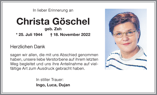 Traueranzeige von Christa Göschel von Memminger Zeitung