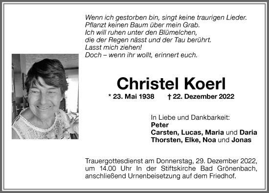 Traueranzeige von Christel Koerl von Memminger Zeitung