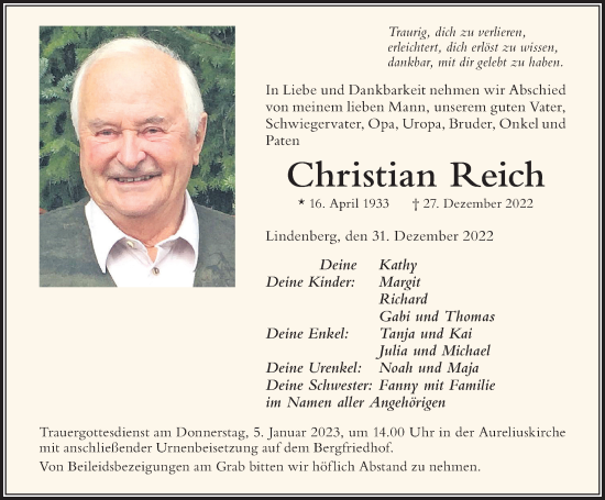 Traueranzeige von Christian Reich von Der Westallgäuer