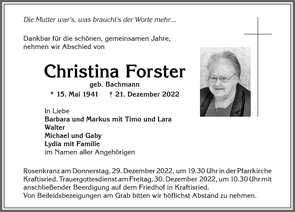  Traueranzeige für Christina Forster vom 28.12.2022 aus Allgäuer Zeitung, Marktoberdorf