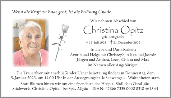 Traueranzeige von Christina Opitz von Allgäuer Zeitung, Füssen