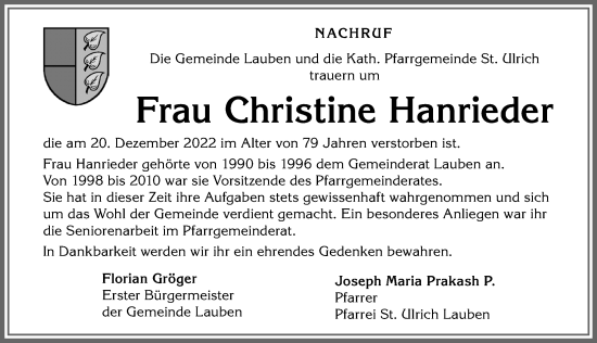 Traueranzeige von Christine Hanrieder von Allgäuer Zeitung,Kempten
